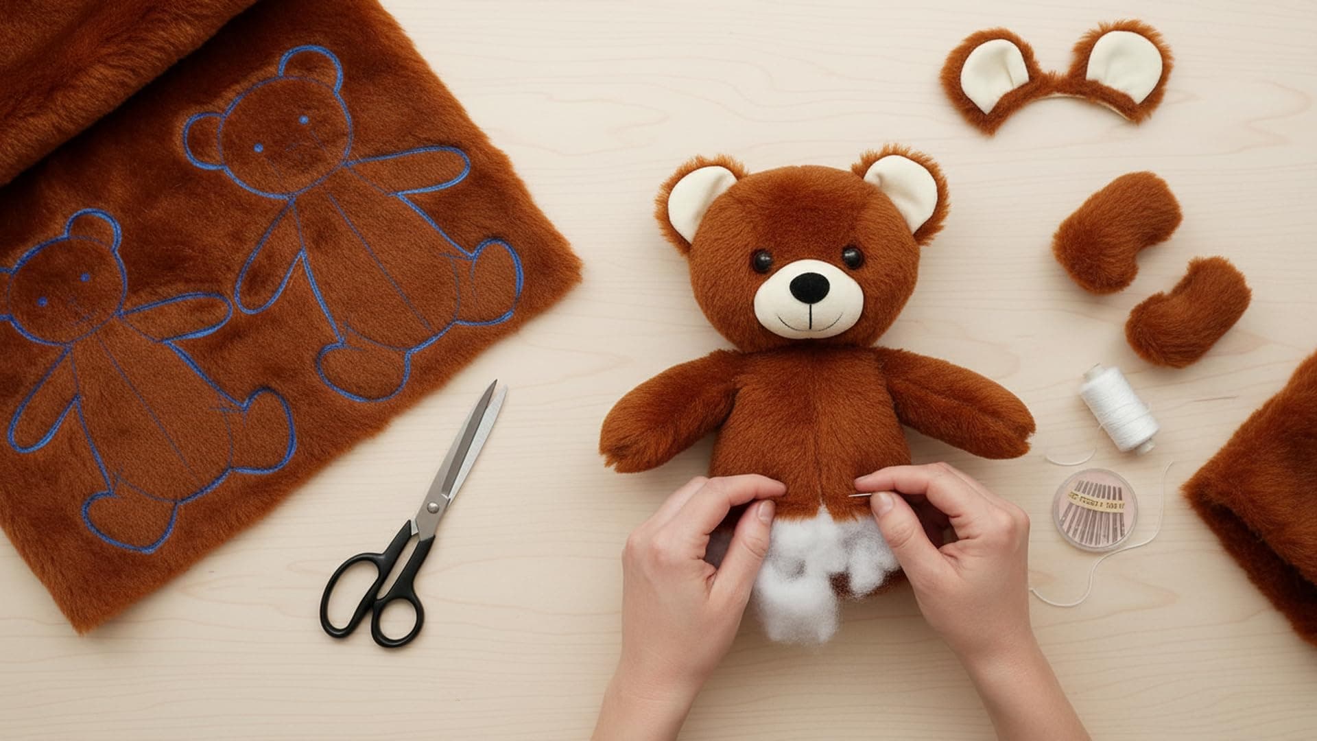 Teddy bear being handmade and stuffed